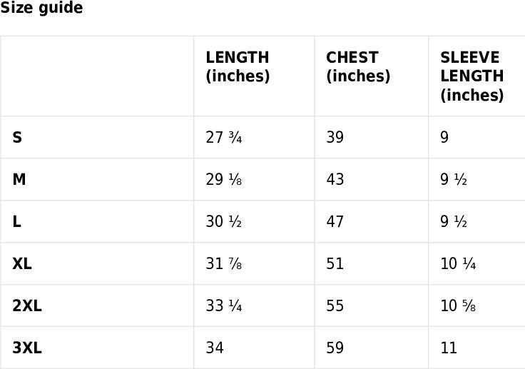 Size guide chart for clothing with measurements in inches